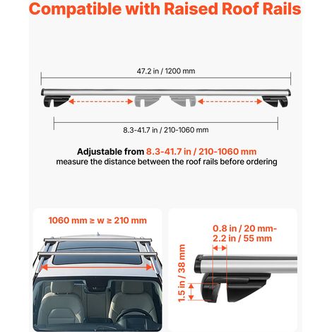 Barres Transversales de Toit, Barre Porte Bagages Charge 75 kg 120 cm, pour Rails de Toit Surélevés avec Écartement 21-106 cm, en A… (1/5)