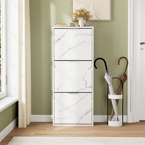UEV Scarpiera Slim con 3 Ante in Design Marmo, Moderna Scarpiera Salvaspazio per Ingresso, Portascarpe in Legno Stabile con Antiribaltamento, 50 x 23 x 121,5 CM, Bianco