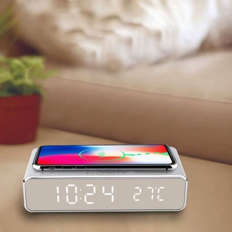 Orologio da comodino elettronico 3 in 1: termometro digitale, sveglia, caricabatterie wireless, colore argento.