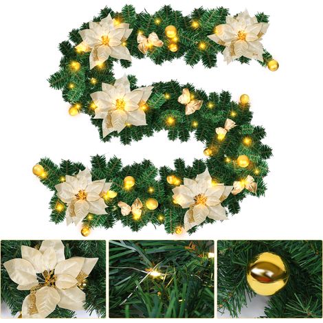 TolleTour Ghirlanda di pino artificiale 2,7 m con palline, fiori e fiocchi dorati (1/5)