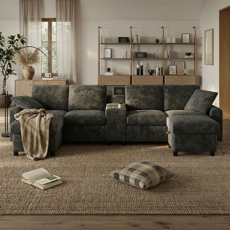 Canapé d'angle, avec repose-pieds, 1 table basse, 2 porte-verres, 1 port USB, 2 prises électriques et 2 ports Type-C, velours côtelé, gris (1/5)