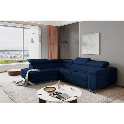 Ecksofa Sofa JADE Stoff Kronos Dunkelblau mit Schlaffunktion Ottomane Links (1/2)