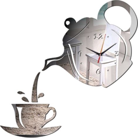 Horloge murale 3D en acrylique design tasse de café et théière, décoration créative (1/4)
