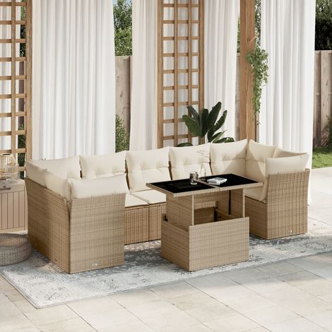 Ensemble Salon Jardin 8 Places Résine Tressée Beige avec Coussins Lavables - Table Réglable Hauteur Modulable (1/5)