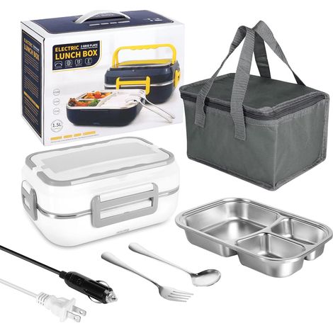 2-in-1 electric lunch box for car and home - 3 compartments, removable 304 stainless steel container, fork and spoon and insulated bag (white) (1/5)