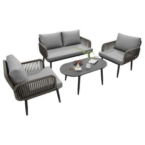 Ensemble jardin 2 places, 2 fauteuils, table basse, acier galvanisé, gris