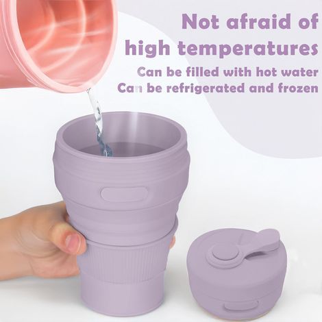 Gobelet Pliable Silicone 450ml,Couvercle Étanche, Poignée Anti-Brûlure&Mousqueton - Plie à 6cm,Lavable Lave-Vaisselle - Randonnée,Camping,Sport(Violet) (1/4)