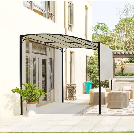 Pergola da giardino 300x250 cm con tetto pieghevole, possibilità di montaggio a parete, struttura in acciaio color bianco crema. (1/5)