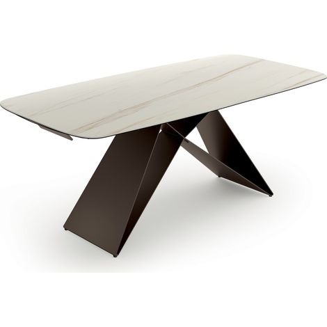 Tavolo Allungabile Thanos X - Piano in Ceramica Marmo Calacatta Oro, Struttura Metallo Bronzo, 200-280x100 cm, Design Contemporaneo (1/3)