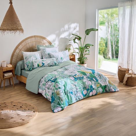 Housse de couette percale de coton feuillage exotique Vert 260x240 cm