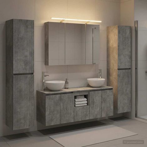 Ensemble meubles salle de bain mural 6 pièces gris béton avec lavabo robinet miroir LED USB et grand rangement 160 cm (1/5)
