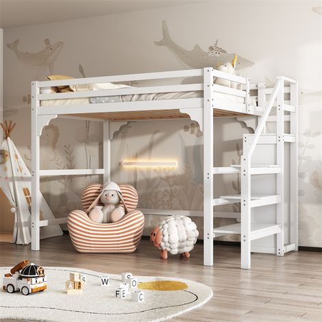 Fortuna Lai – Lit mezzanine 140x200 cm en bois massif – Escalier de rangement avec armoire intégrée – Design peu encombrant pour espaces restreints (1/5)