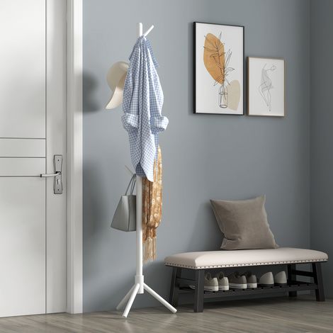 Perchero de Pie de Madera Forma de Árbol con 8 Ganchos para Colgar Ropa Bolsos en Pasillo Entrada 40x40x165 cm Blanco (1/5)