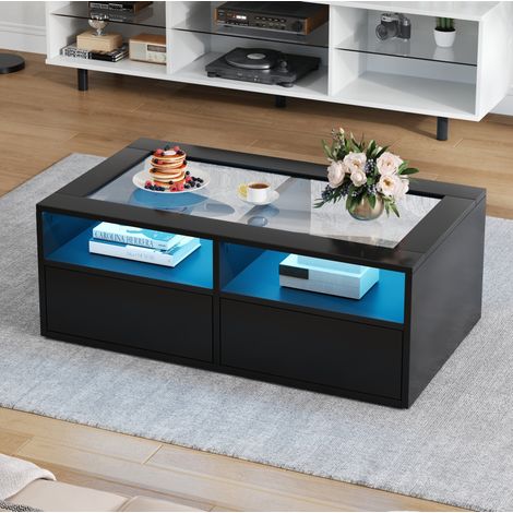 Table basse LED 100 x 50 x 35 cm avec 2 tiroirs, verre trempé, noir DESVIAE (1/5)