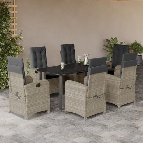 7-tlg. Garten-Essgruppe mit Kissen Hellgrau Poly Rattan