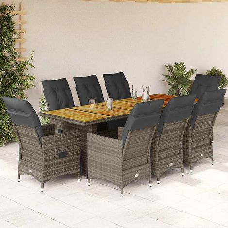 9-tlg. Garten-Bistro-Set mit Kissen Grau Poly Rattan (1/5)