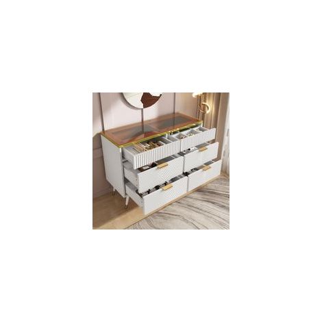 FOREHILL – Commode 6 tiroirs blanche – Surface en verre ambré – Compartiments divisés – H76/L120/P40 cm – Design moderne pour chambre ou salon (1/5)