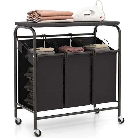GOPLUS Panier a linge à 3 Sacs Amovibles, Panier à Linge à Roulettes Verrouillables avec Planche à Repasser Pliable pour Buanderie, Salle de Bain, Noir et Gris (1/5)