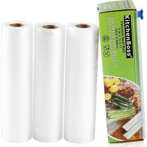 KitchenBoss Sacchetti Sottovuoto per Alimenti, 3 Rotoli 20x500cm Totale15M, (Non più forbici) Rotoli Sacchetti Goffrati, Buste Sottovuoto Alimenti per Conservazione Alimenti e Cottura Sous Vide (1/5)