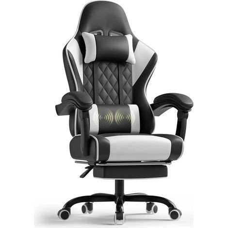Chaise de jeu massante réglable en hauteur, design ergonomique avec support lombaire, appui-tête, chaise pivotante-BLANC (1/5)