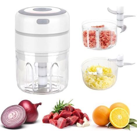 Hachoir électrique compact pour oignons et légumes – 2 cuves (250 ml + 100 ml), rechargeable USB, blanc, idéal cuisine française (1/4)