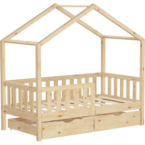 ML-Design Kinderbett Hausbett 70x140 cm Natur mit 2 Schubladen, Holzbett mit Rausfallschutz, Lattenrost und Dach, Spielbett aus Kiefernholz für Kinder, Montessori Bodenbett Bettgestell Bettenhaus Bett