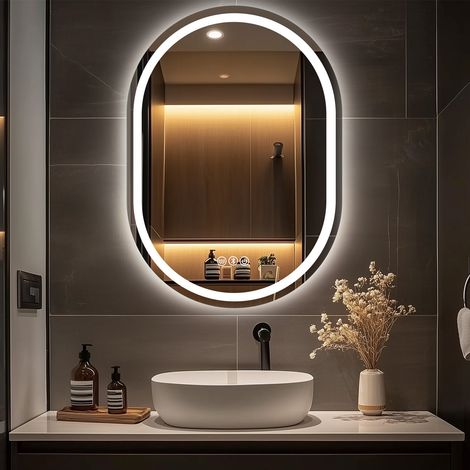 Bathroom Mirror with LED Lights, 600x800mm Oval LED bathroom mirrors with Anti-Fog, 3500K-6500K, Dimmable, Backlit Wall Mounted Mirror, IP54 Waterproof (1/5)