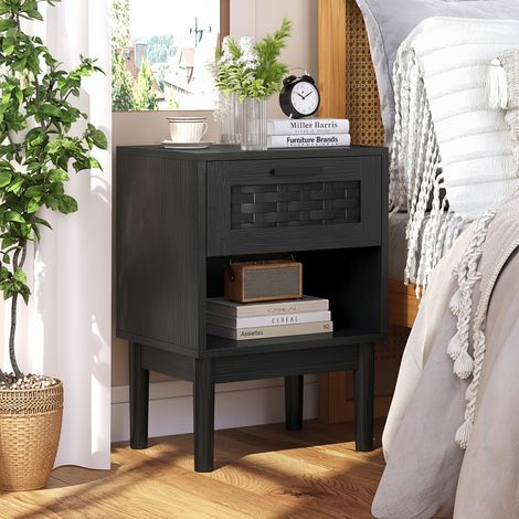 Lot de 2 tables de chevet en cannage - 1 tiroir , 1 espace de rangement ouvert, structure en bois massif, 30x40x55 mm - bohème - noir (1/5)