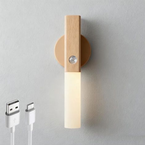 Applique murale en bois rechargeable par USB, lampe sans fil portable avec détecteur de mouvement, fonctionnement sur piles pour une utilisation en intérieur (1/5)