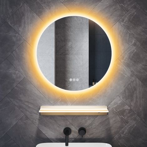 SONNI Anti-Beschlag LED Runden Badspiegel mit Beleuchtete Ablage, Badezimmer Wandspiegel mit Bluetooth 3 Lichtfarbe Dimmbar Memory-Funktion, 60x60cm