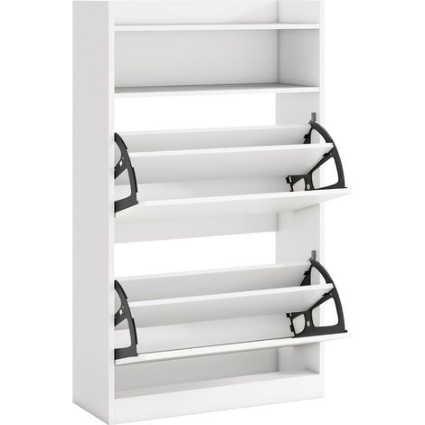 Scarpiera sottile con 2 scomparti ribaltabili, legno bianco