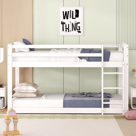 Etagenbett Kiefernholz/MDF weiß 90x200 cm, bodennahes Kinderbett mit Geländer und Lattenrost (1/5)