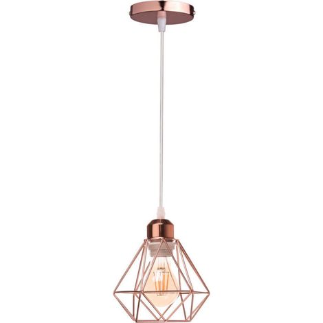STOEX Lustre Suspension Industriel en Métal Or rose , Luminaire Style Vintage Design forme Cage Diamant Rétro pour Salon Chambre Salle à manger (sans ampoule)