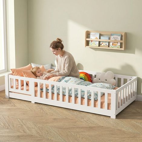 Letto per Bambini 90x200cm,Letto Montessori con Sponde e Cancelletto,Letto da Terra,Letto Singolo per Bambini e Ragazzi,Rete a Doghe,Bianco (1/5)