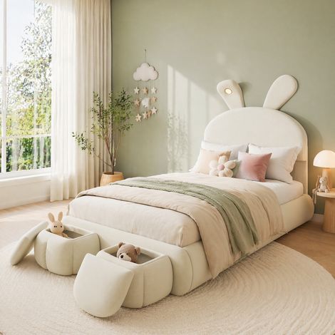 Polsterbett Samt Beige 90x200 cm mit LED-Beleuchtung, Hasenohren, 2 Aufbewahrungshockern und Lattenrost (1/5)