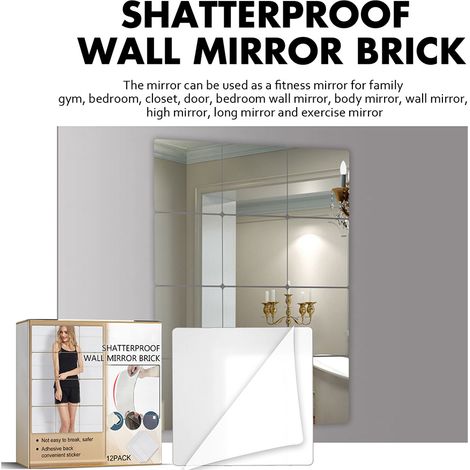 Lot de 12 carreaux de miroir autocollants en acrylique épais et incassable pour la décoration murale de la maison, de la chambre, du salon et de la salle de bain. (1/5)