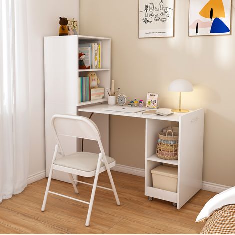 Scrivania allungabile con contenitore, mobile compatto salvaspazio, ripiani regolabili, rotelle, MDF, bianco (1/5)