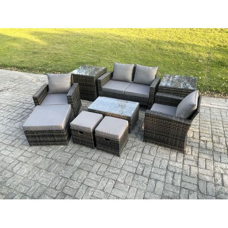 Fimous 7 Seater Dark Grey Outdoor Rattan Garden Furniture Set Patio Lounge Sofa Rectangular Coffee Table with 2 Side Table 3 Footstools (1/5)