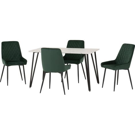 Marlow & Avery Indoor Dining Set with 4 Chairs - White Marble/Emerald Green Velvet