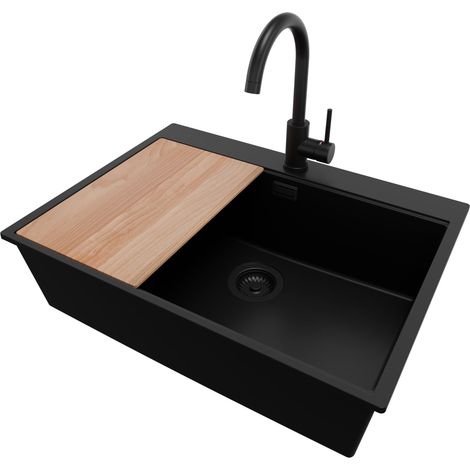 PRIMAGRAN Evier Cuisine en Granit 68x50cm, Lavabo 1 bac + Robinet 32x20cm + Kit de Vidage + Accessoire, Évier à Encastrer au meuble 70cm - Oslo, Tout Noir (1/5)