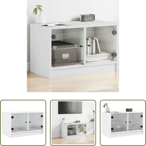vidaXL Meuble tv avec portes vitrées - Meuble TV avec portes en verre blanc 68x37x42 cm (1/5)