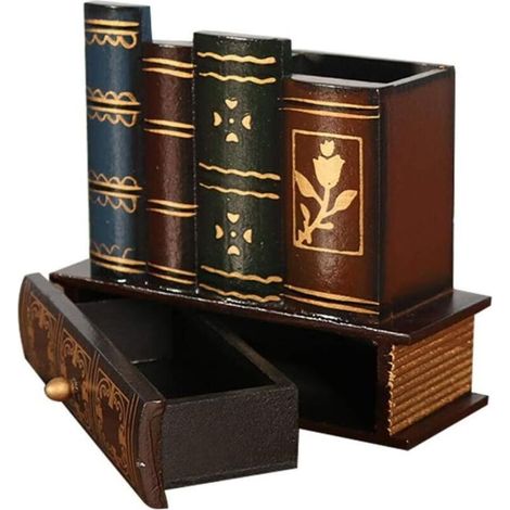 Porte- Stylo en Bois Vintage Rétro Stylo Tasse avec Tiroir Crayon Organisateur Stand Pot en Maquillage Brosse Conteneur De Stockage De Bureau Organisateur Papeterie Organisateur (1/5)