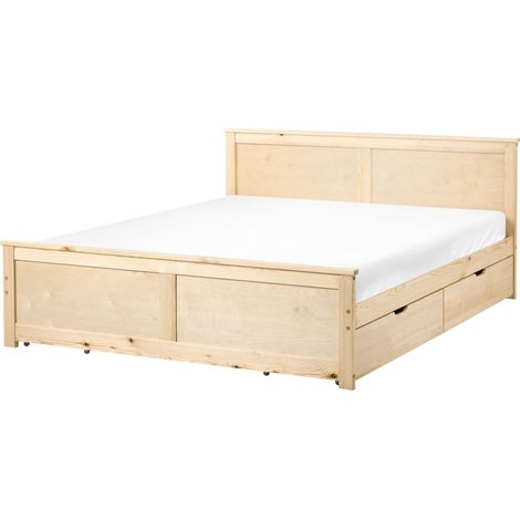 Storage Bed with 4 Drawers Natural Pine Wood MDF Birch Wood EU King Size 5ft3 Headboard Scandinavian DAUPHIN