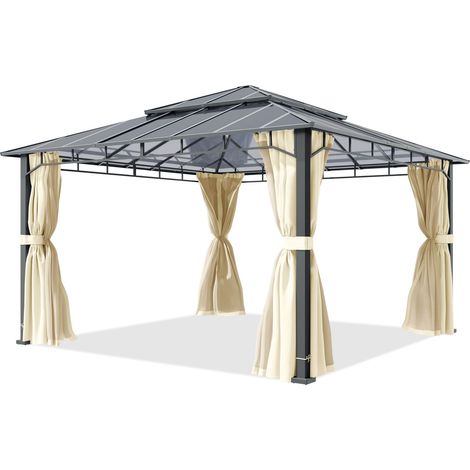 TOOLPORT Pavillon de jardin 4x4 m cadre alu, toit polycarbonate 8mm, beige - avec parois latérales et moustiquaires (1/5)