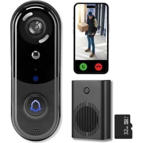 Kabellose Türklingel mit 2K-Kamera, keine monatlichen Gebühren, 32 GB SD-/Cloud-Speicher, Nachtsicht, Bewegungserkennung, Zwei-Wege-Audio, IP66, Echtzeitbenachrichtigungen (1/5)