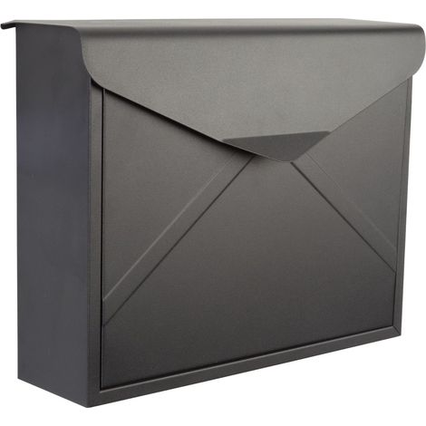 Perel Wand- und Pfostenbriefkasten Verona für den Außenbereich in Mattschwarz mit Schloss, Metallbriefkasten mit 2 Schlüsseln und Montagematerial, Briefumschlag-Design, wetterbeständig