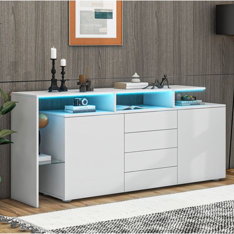 Sideboard mit LED Beleuchtung 160x35x70 cm, viel Stauraum, Hochglanzfronten, Spanplatte, Weiß (1/5)