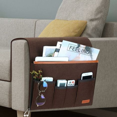 Sofa-Armlehnen-Organizer – Aufbewahrungshülle mit 5 Fächern – Strapazierfähiger Filzstoff – Für Fernbedienungen, Zeitschriften, iPad – Braun (1/4)