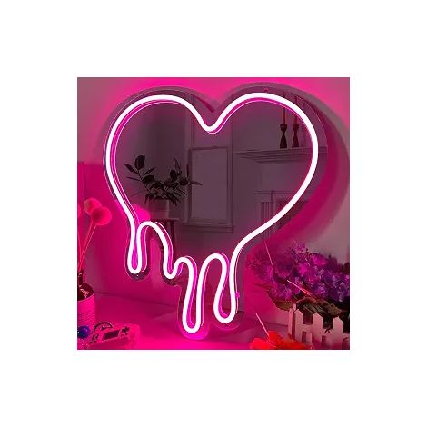 Enseigne en miroir néon en acrylique en forme de cœur fondant avec lumières LED - lumières néon roses, adaptée à la décoration murale, incassable, antirouille et légère. (1/5)