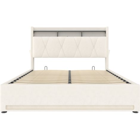 Cama arcón 140 x 200 cm de terciopelo beige con LED, USB Tipo-C y cabecero con almacenaje (1/5)